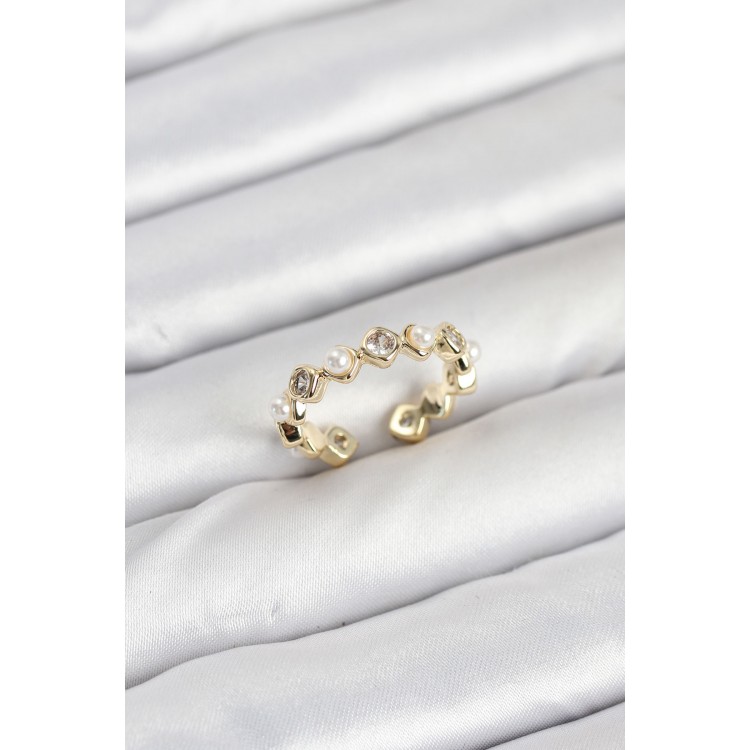 Pirinç Gold Renk Zirkon Taşlı İncili Kadın Yüzük - TJ-BYK3876 Pirinç Gold Renk Zirkon Taşlı İncili Kadın Yüzük - TJ-BYK3876