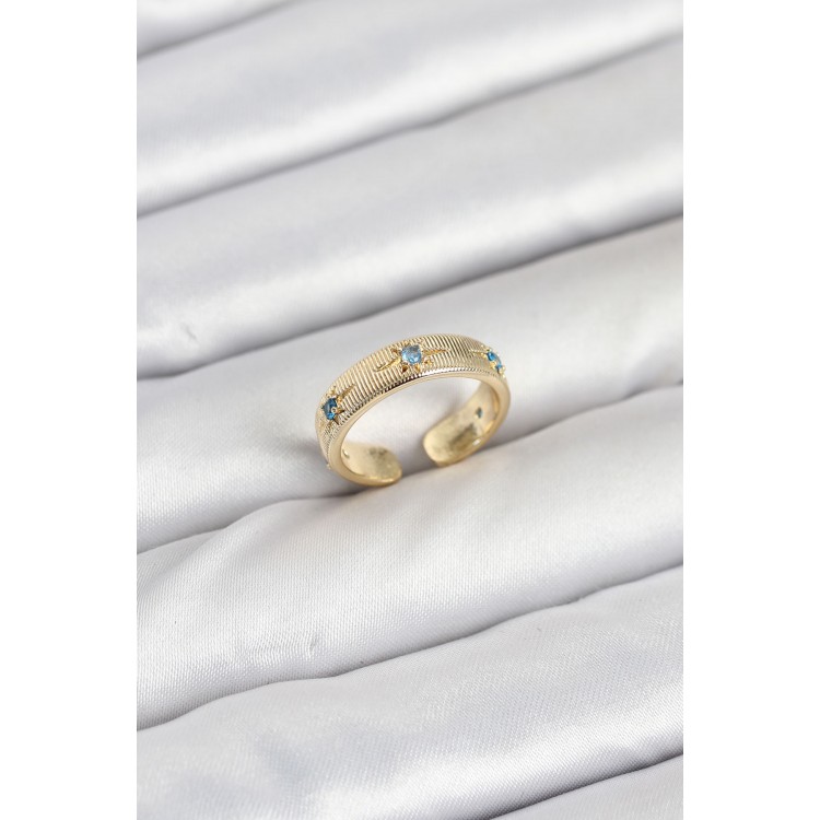 Pirinç Gold Renk Mavi Zirkon Taşlı Kutup Yıldızı Model Kadın Yüzük - TJ-BYK3896