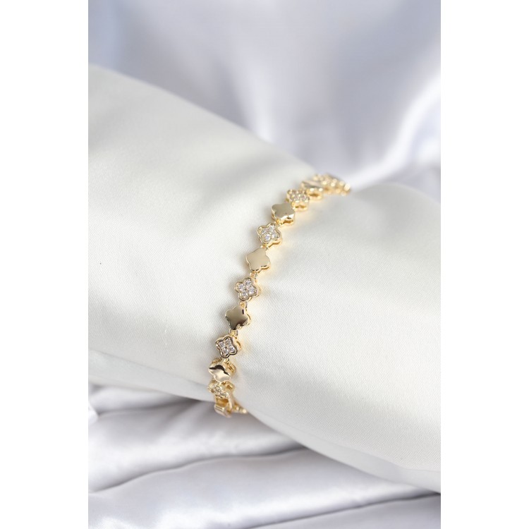 Brass Gold Zircon Clover Model Women's Bracelet - TJ-BB7969 Brass Gold Zircon Clover Model Women's Bracelet - TJ-BB7969