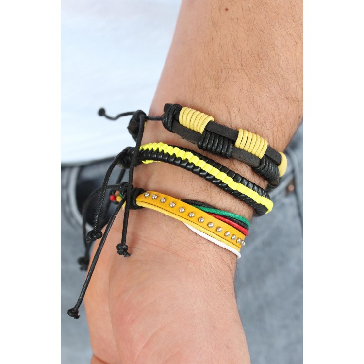 Yellow Studded Leather Men's Bracelet Combination - TJ-EB1342