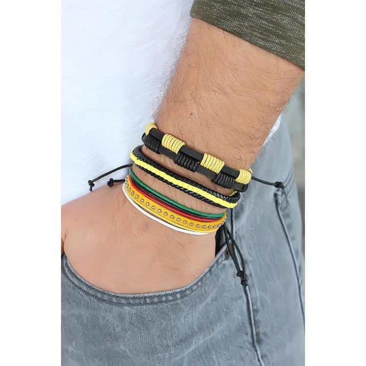 Yellow Studded Leather Men's Bracelet Combination - TJ-EB1342