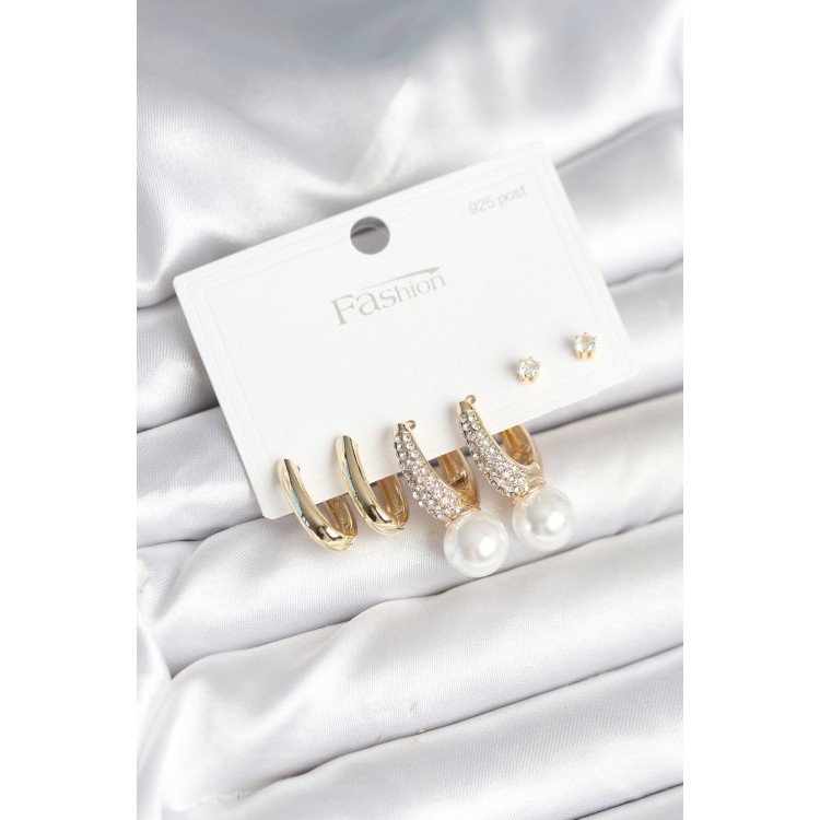 Pirinç Gold Renk Zirkon Taşlı İnci Detaylı 925 Ayar Gümüş Çivili Kadın Küpe Seti - TJ-BKP11252 Pirinç Gold Renk Zirkon Taşlı İnci Detaylı 925 Ayar Gümüş Çivili Kadın Küpe Seti - TJ-BKP11252