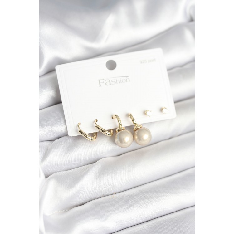 Pirinç Gold Renk İnci Detaylı 925 Gümüş Çivili Kadın Küpe Seti - TJ-BKP11253