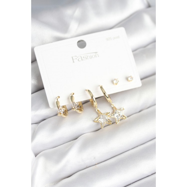 Pirinç Gold Renk Yıldız Model 925 Gümüş Çivili Kadın Küpe Seti - TJ-BKP11256 Pirinç Gold Renk Yıldız Model 925 Gümüş Çivili Kadın Küpe Seti - TJ-BKP11256