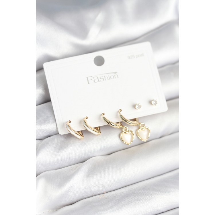 Pirinç Gold Renk Kalp Detaylı 925 Ayar Gümüş Çivili Kadın Küpe Seti - TJ-BKP11258