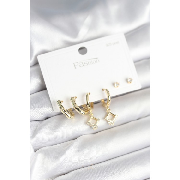 Pirinç Gold Renk 925 Ayar Gümüş Çivili Kadın Küpe Seti - TJ-BKP11260