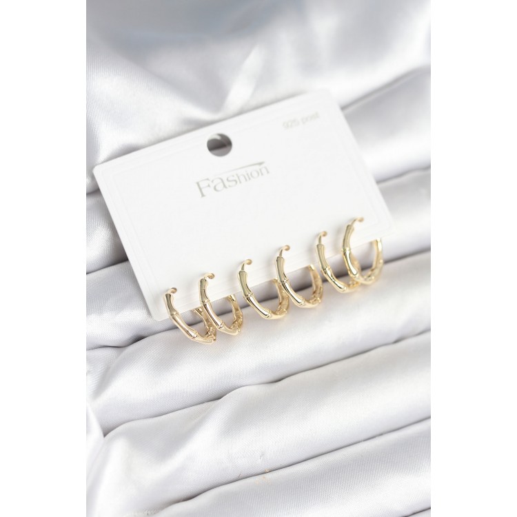 Pirinç Gold Renk Kemik Halka Model 925 Ayar Gümüş Çivili Kadın Küpe Seti - TJ-BKP11261