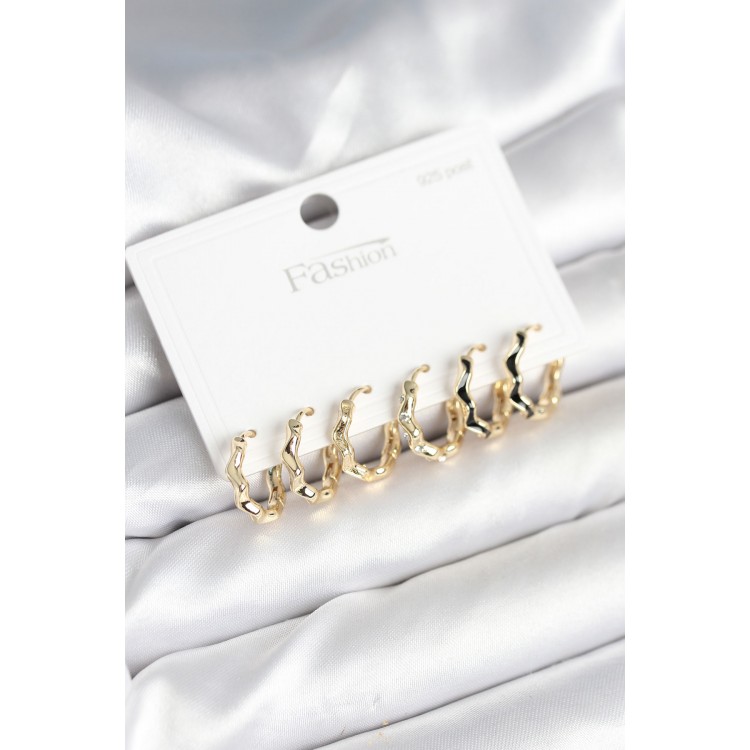 Gold Renk Pirinç Zikzak Model 925 Ayar Gümüş Çivili Kadın Küpe Seti - TJ-BKP11264