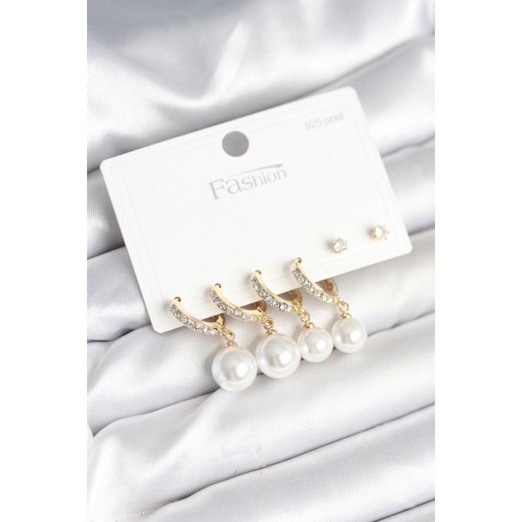 Gold Renk Zirkon Taşlı Pirinç İncili 925 Ayar Gümüş Çivili Küpe Seti - TJ-BKP11267 Gold Renk Zirkon Taşlı Pirinç İncili 925 Ayar Gümüş Çivili Küpe Seti - TJ-BKP11267