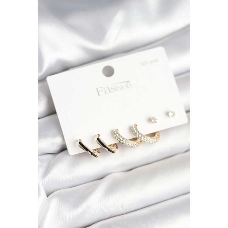 Gold Renk Pirinç Zirkon Taşlı 925 Ayar Gümüş Çivili Kadın Küpe Seti - TJ-BKP11270