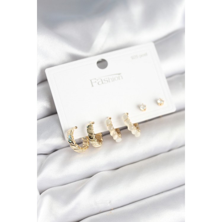 Gold Renk Pirinç Halka 925 Ayar Gümüş Çivili Kadın Küpe Seti - TJ-BKP11272