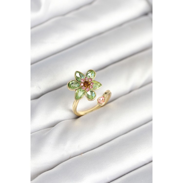 Flower Model Green Brass Gold Color Ring - TJ-BYK3901