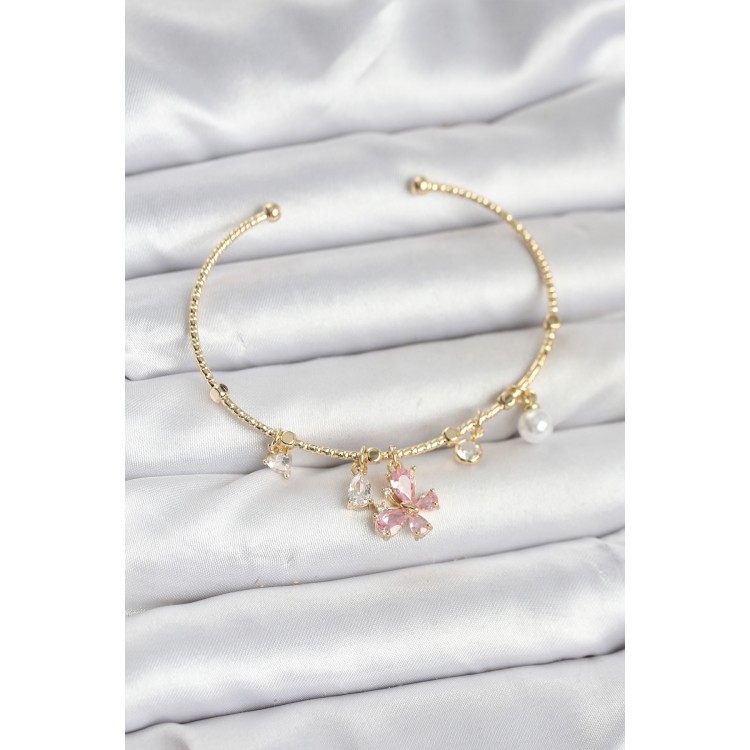 Pink Butterfly Charm Gold Women's Bracelet - TJ-BB8031 Pink Butterfly Charm Gold Women's Bracelet - TJ-BB8031