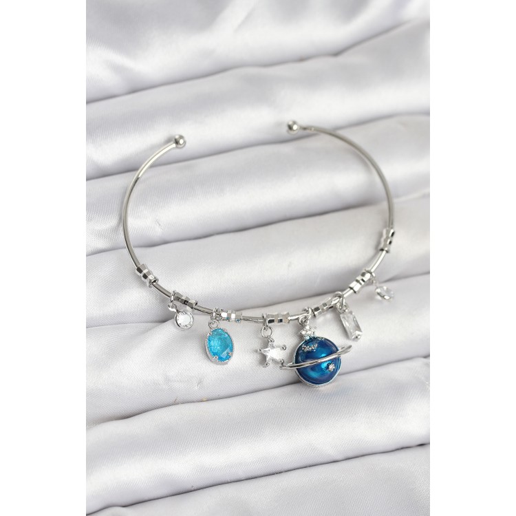 Gezegen Charmlı Gümüş Renk Pirinç Kadın Bileklik - TJ-BB8048 Gezegen Charmlı Gümüş Renk Pirinç Kadın Bileklik - TJ-BB8048