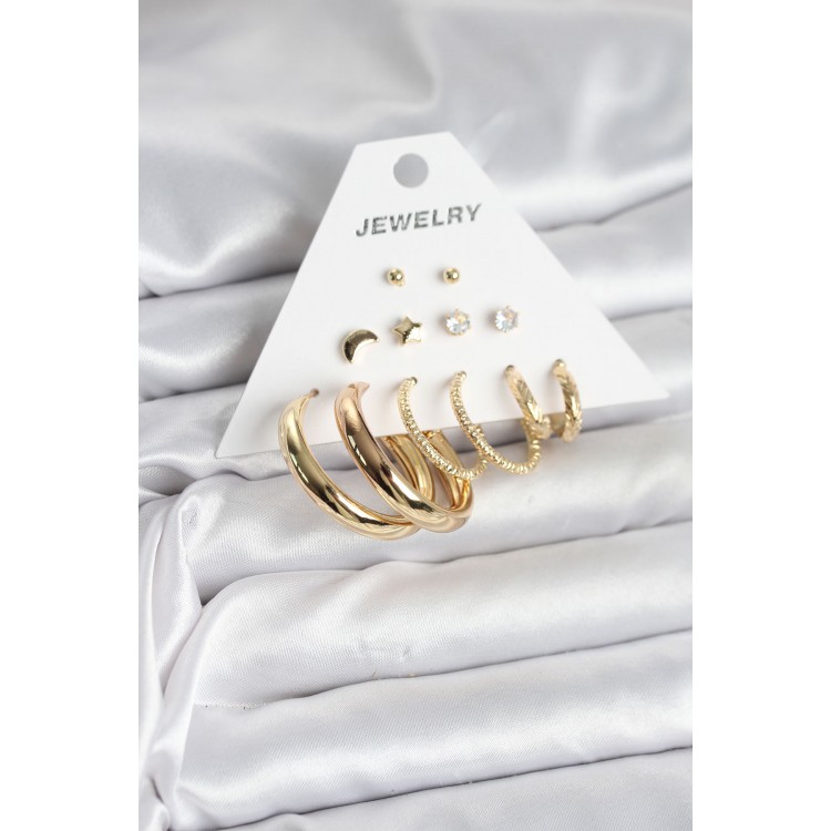 Gold Color 6-Pair Brass Women's Earring Set - TJ-BKP11323 Gold Color 6-Pair Brass Women's Earring Set - TJ-BKP11323