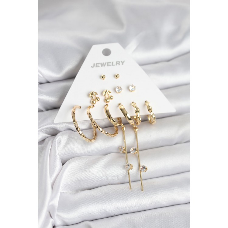 Gold Color 6 Pair Brass Women's Earring Set - TJ-BKP11326 Gold Color 6 Pair Brass Women's Earring Set - TJ-BKP11326