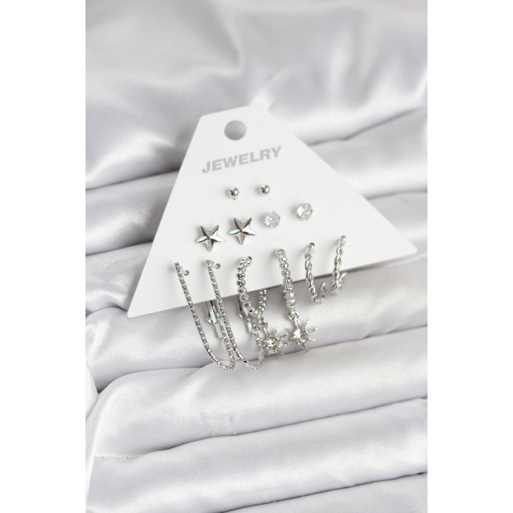 Brass Silver Color Earring Set of 6 - TJ-BKP11334