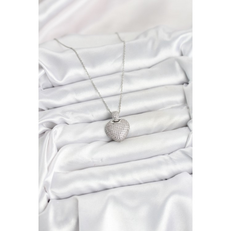 316L Stainless Steel Chain Silver-Colored Zircon Stone Heart-Shaped Women's Necklace - TJ-BKO10606