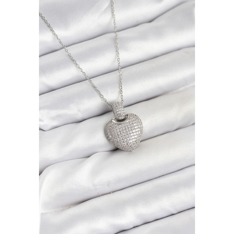 316L Stainless Steel Chain Silver-Colored Zircon Stone Heart-Shaped Women's Necklace - TJ-BKO10606
