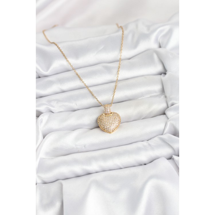 316L Steel Chain Gold Color Zircon Stone Heart-Shaped Women's Necklace - TJ-BKO10607