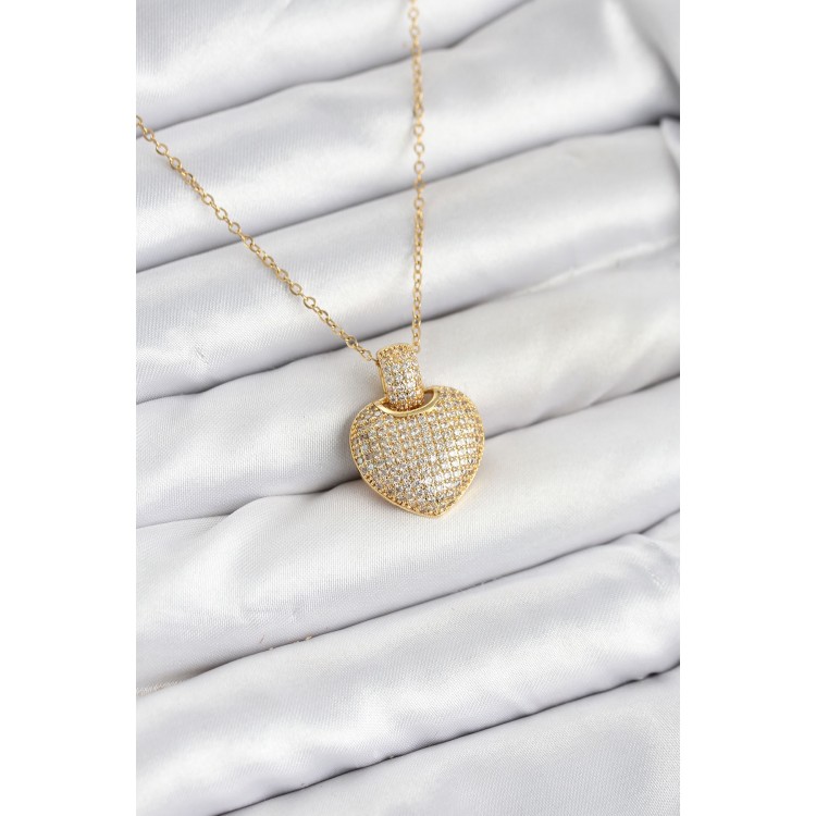 316L Steel Chain Gold Color Zircon Stone Heart-Shaped Women's Necklace - TJ-BKO10607