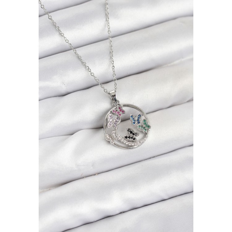 316L Steel Chain Silver Color Zircon Stone Butterfly Women's Necklace - TJ-BKO10608