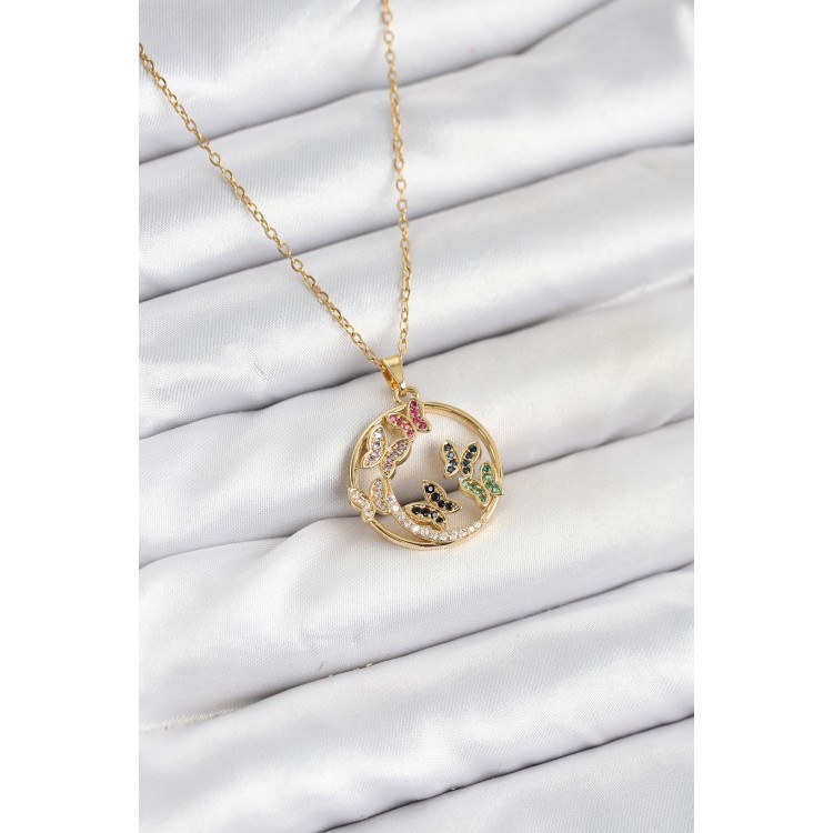 316L Stainless Steel Chain Gold-Colored Zircon Stone Butterfly Women's Necklace - TJ-BKO10609