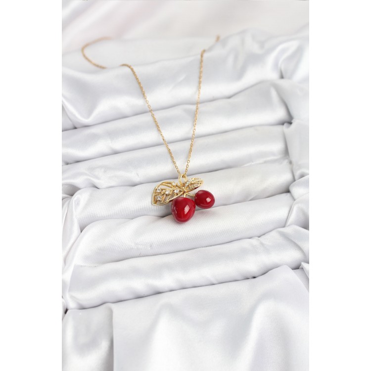 316L Stainless Steel Chain Leaf Cherry Model Gold Color Women's Necklace - TJ-BKO10613