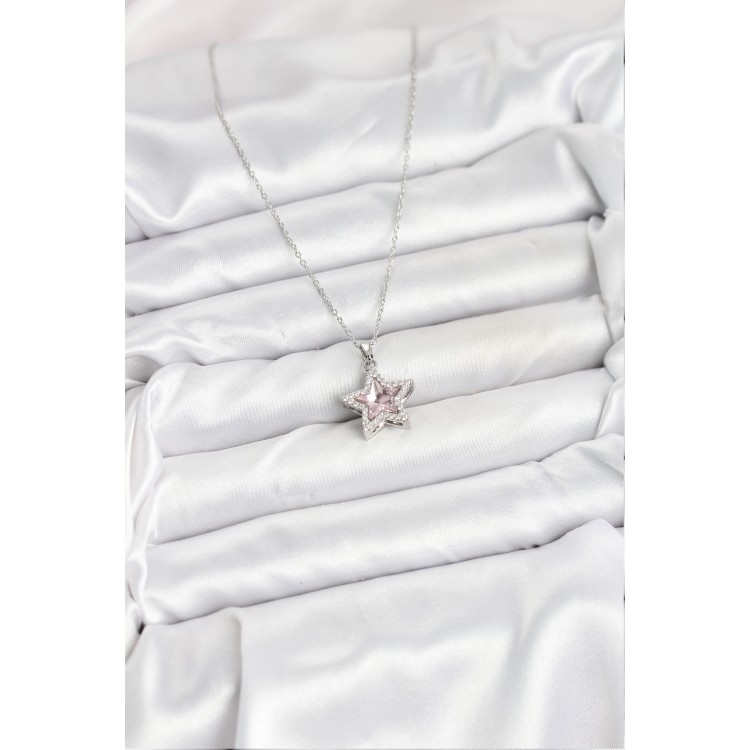 316L Stainless Steel Chain Silver-Tone Pink Stone Star Design Women's Necklace - TJ-BKO10620