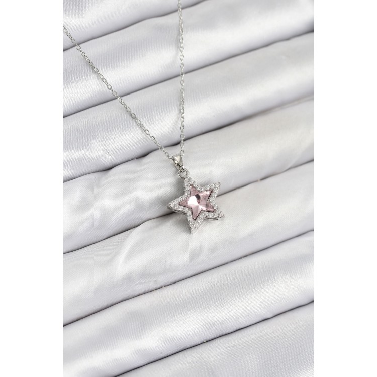 316L Stainless Steel Chain Silver-Tone Pink Stone Star Design Women's Necklace - TJ-BKO10620
