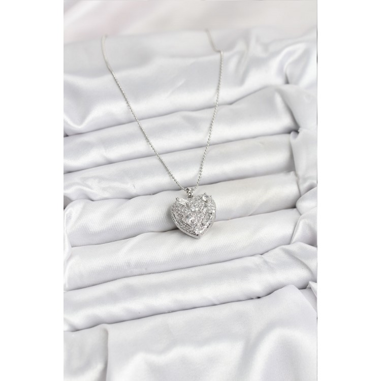 316L Steel Chain Silver Zircon Stone Heart-Shaped Women's Necklace - TJ-BKO10625