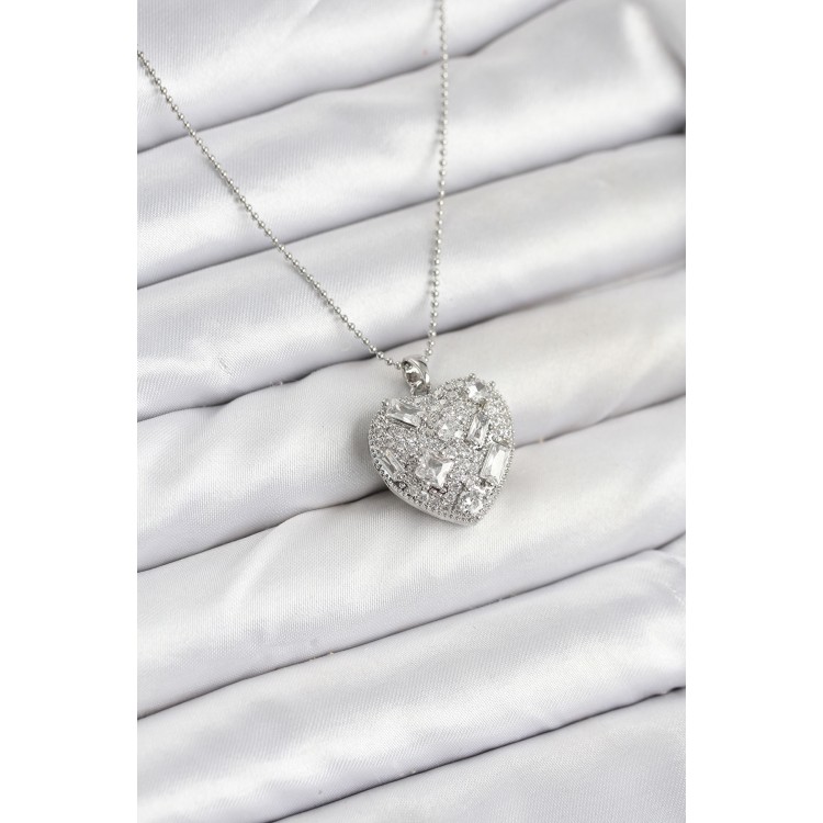 316L Steel Chain Silver Zircon Stone Heart-Shaped Women's Necklace - TJ-BKO10625