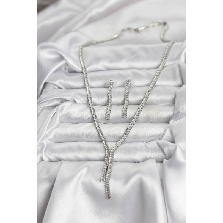 Silver-Colored Baguette Zircon Stone Women's Necklace and Earring Set - TJ-BKO10637