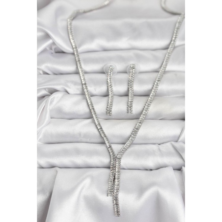 Silver-Colored Baguette Zircon Stone Women's Necklace and Earring Set - TJ-BKO10637