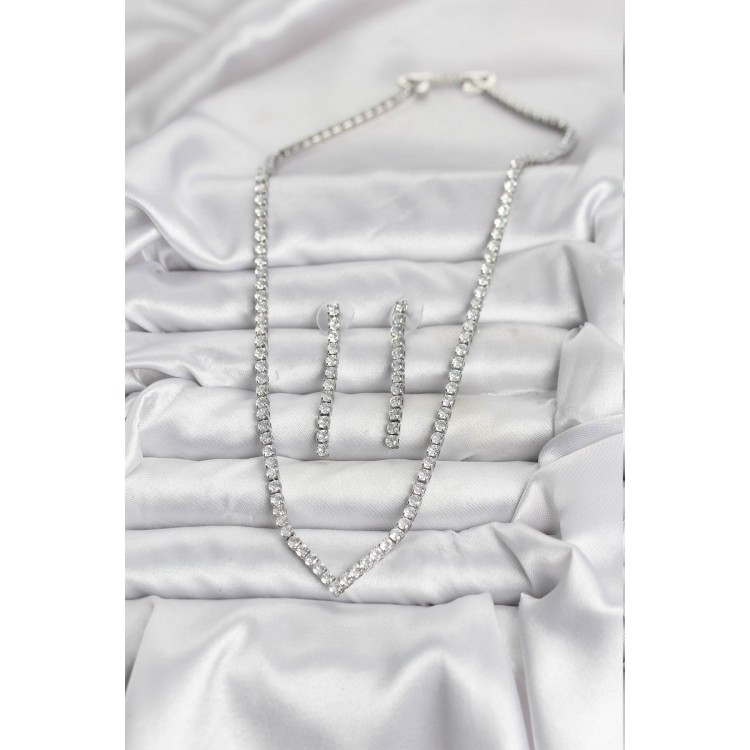 Silver-Colored Zircon Stone Women's Necklace and Earring Set - TJ-BKO10638