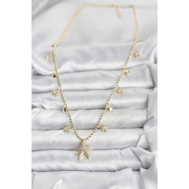 Gold-Colored Zircon Stone Sea Star Model Women's Necklace - TJ-BKO10644