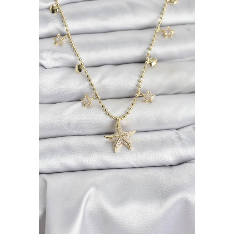 Gold-Colored Zircon Stone Sea Star Model Women's Necklace - TJ-BKO10644
