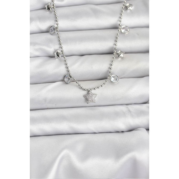 Silver-Colored Star-Shaped Women's Necklace - TJ-BKO10650 Silver-Colored Star-Shaped Women's Necklace - TJ-BKO10650