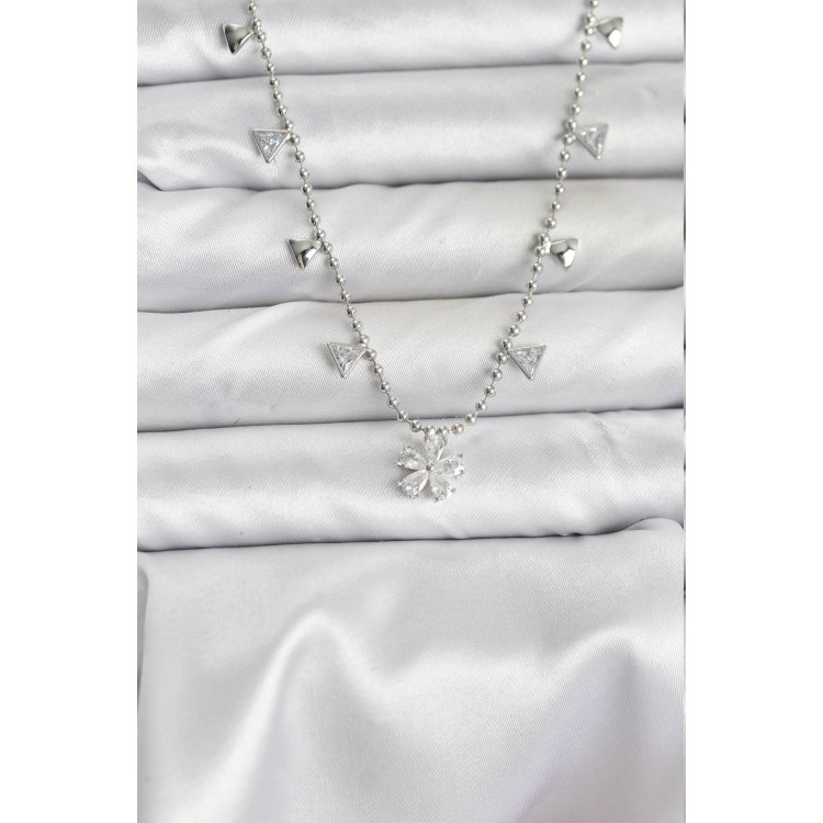 Silver-Tone Zircon Stone Flower Design Women's Necklace - TJ-BKO10652