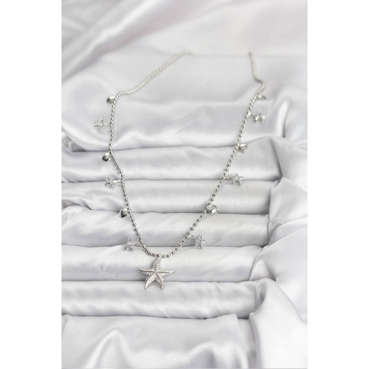 Silver-Colored Zircon Stone Sea Star Model Women's Necklace - TJ-BKO10654
