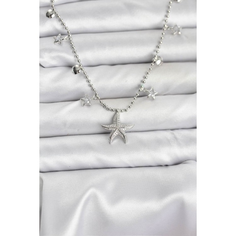 Silver-Colored Zircon Stone Sea Star Model Women's Necklace - TJ-BKO10654