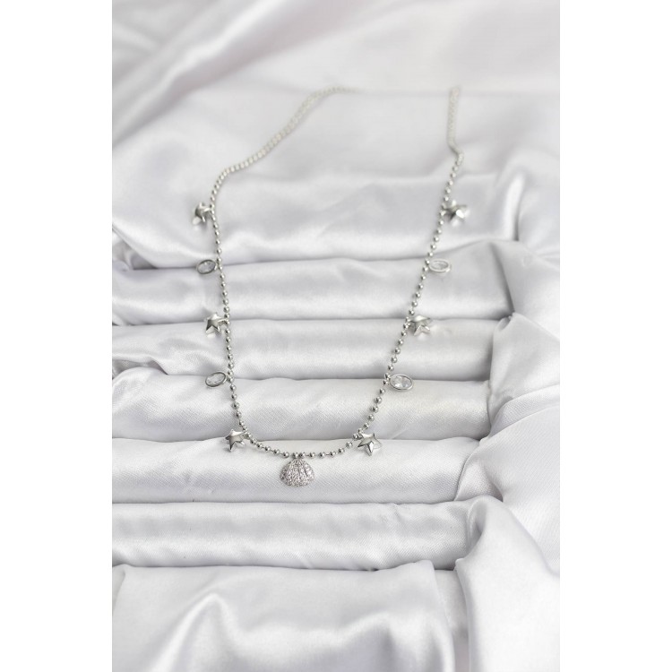 Silver-Colored Zircon Stone Seashell Model Women's Necklace - TJ-BKO10656