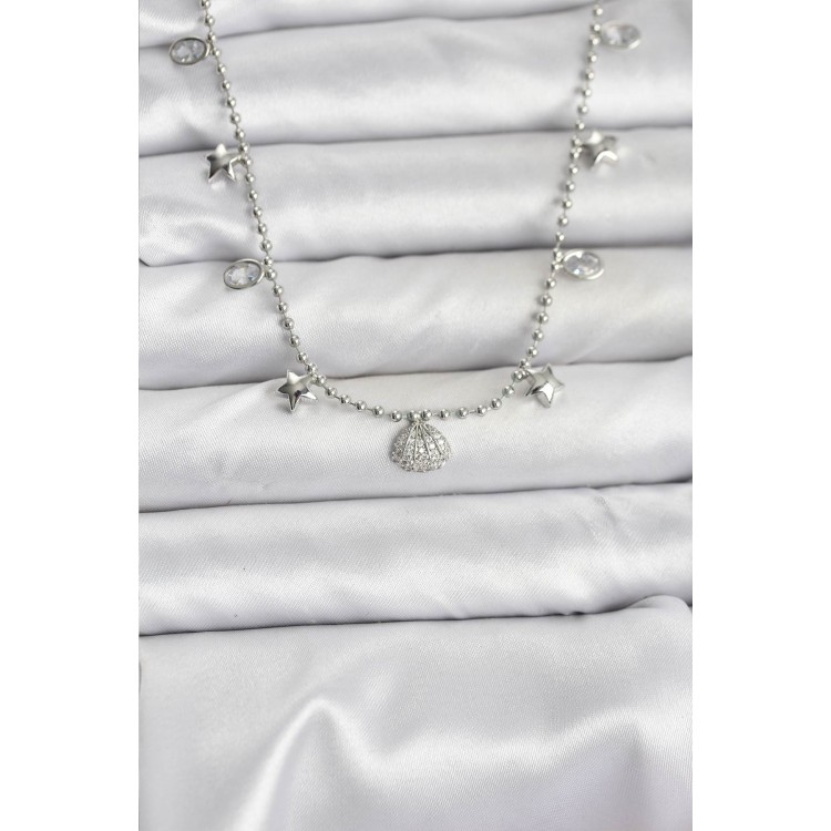 Silver-Colored Zircon Stone Seashell Model Women's Necklace - TJ-BKO10656