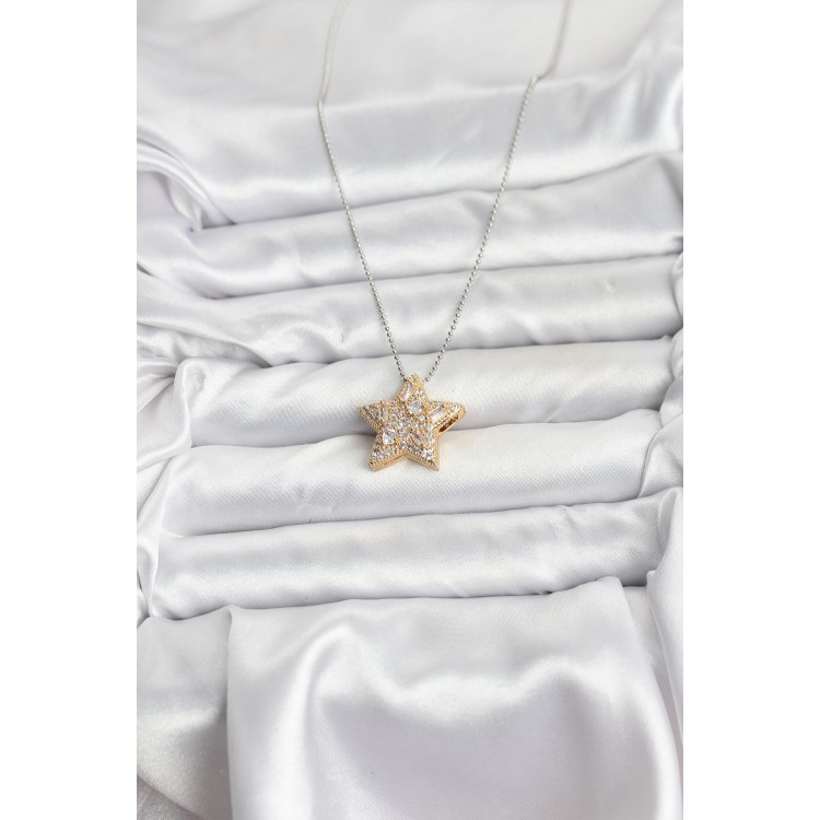 316L Stainless Steel Chain Silver-Tone Chain with Gold Star Pendant Women's Necklace - TJ-BKO10679