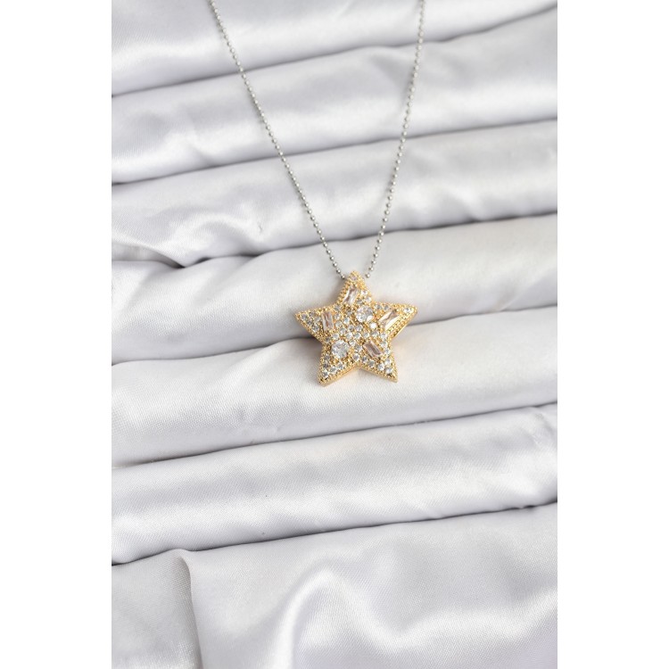 316L Stainless Steel Chain Silver-Tone Chain with Gold Star Pendant Women's Necklace - TJ-BKO10679
