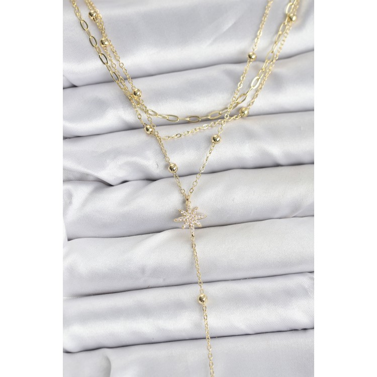 Gold-Colored Polar Star Detailed 3-Piece Women's Necklace Set - TJ-BKO10689