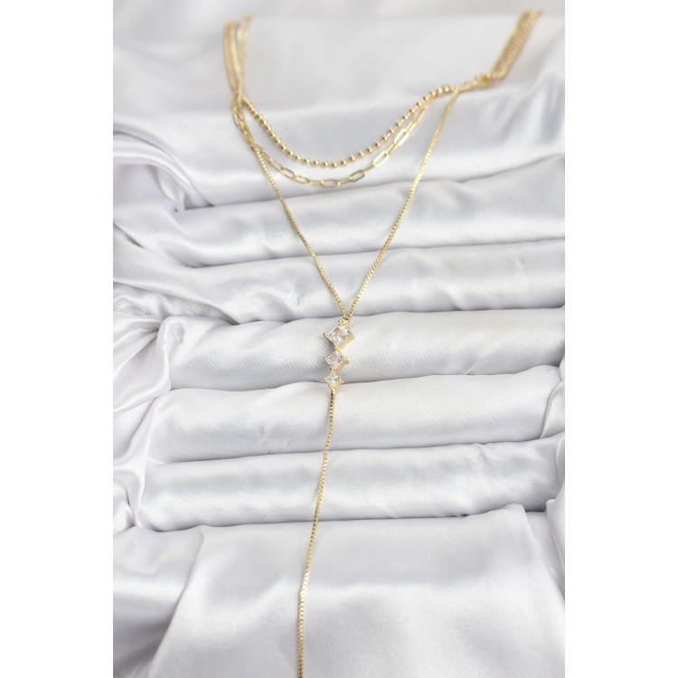 Gold-Colored Zircon Stone Detailed 3-Piece Set Women's Necklace - TJ-BKO10691