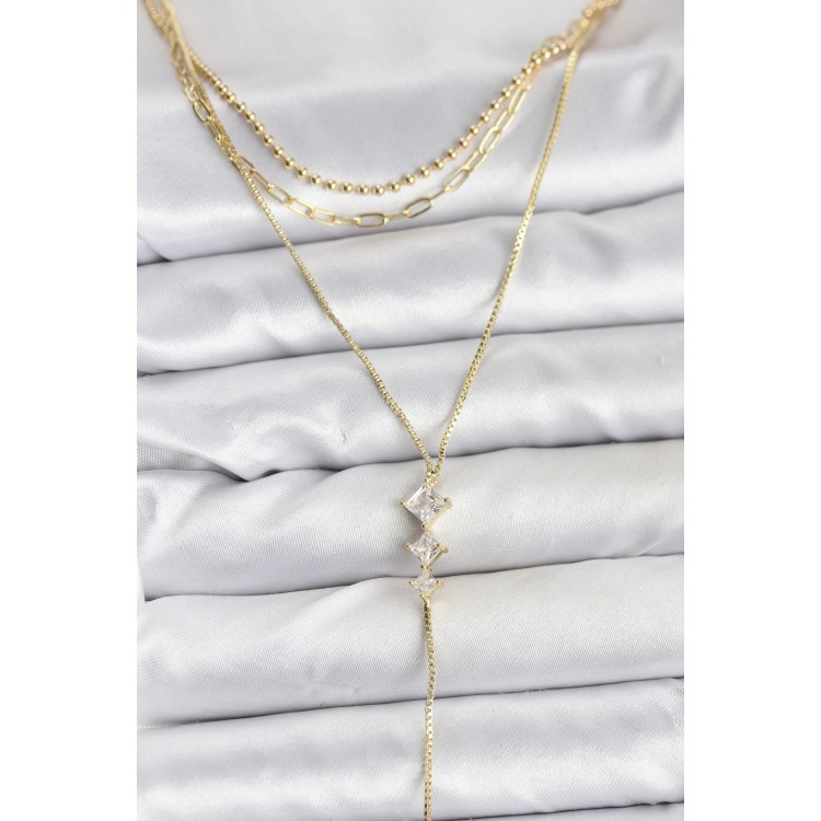 Gold-Colored Zircon Stone Detailed 3-Piece Set Women's Necklace - TJ-BKO10691