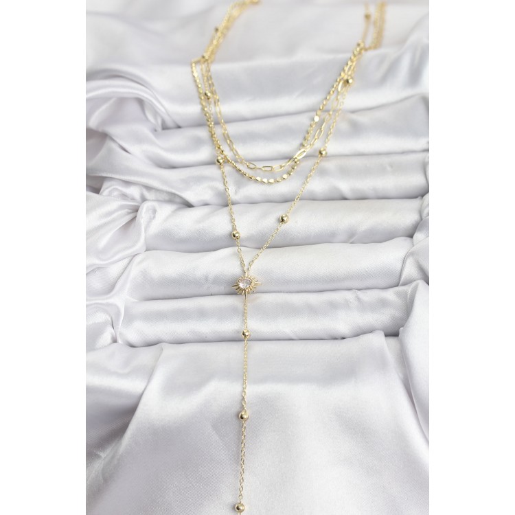 Gold-Colored Sun-Shaped Detailed 3-Piece Set Women's Necklace - TJ-BKO10692