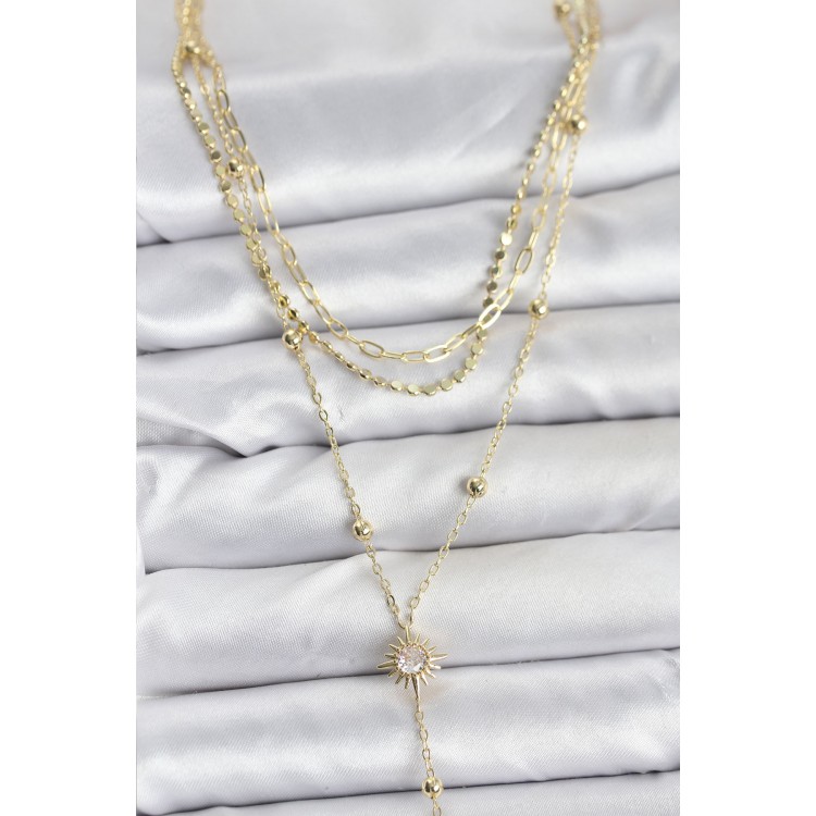 Gold-Colored Sun-Shaped Detailed 3-Piece Set Women's Necklace - TJ-BKO10692 Gold-Colored Sun-Shaped Detailed 3-Piece Set Women's Necklace - TJ-BKO10692